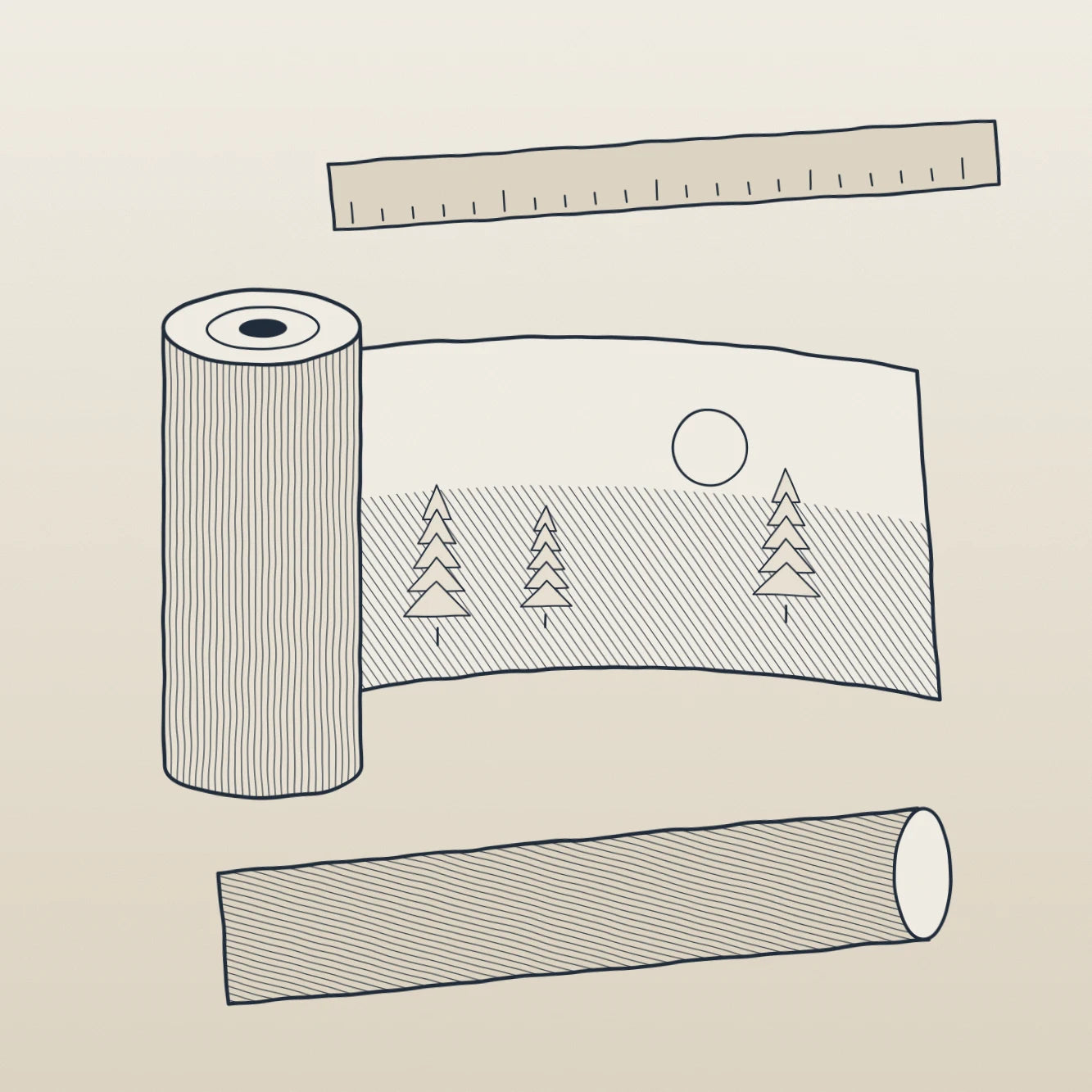 Illustration d'un rouleau de papier peint, d'une règle et d'un tube d'expédition