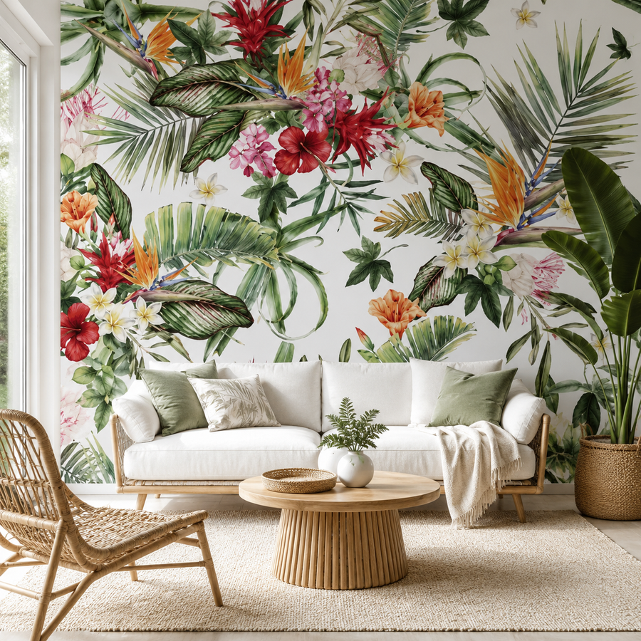 Papier Peint Jardin Tropical aux Fleurs Éclatantes