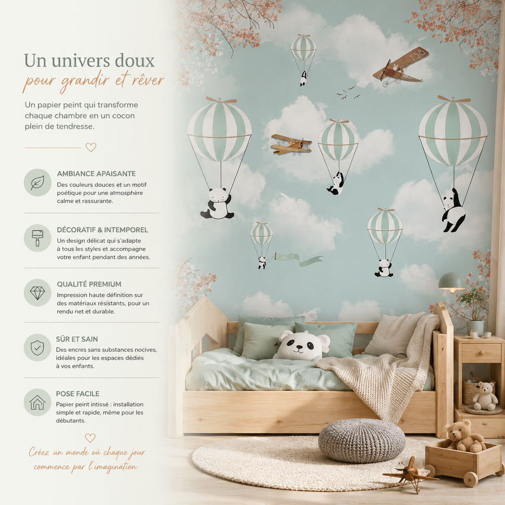 Papier Peint Pandas Rêveurs en Montgolfière