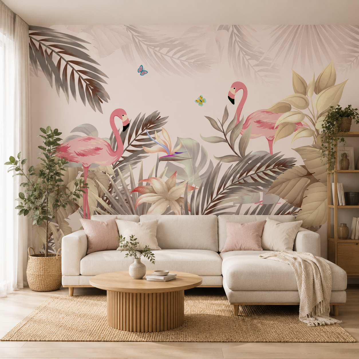Papier Peint Flamants Roses & Palmes Tropicales