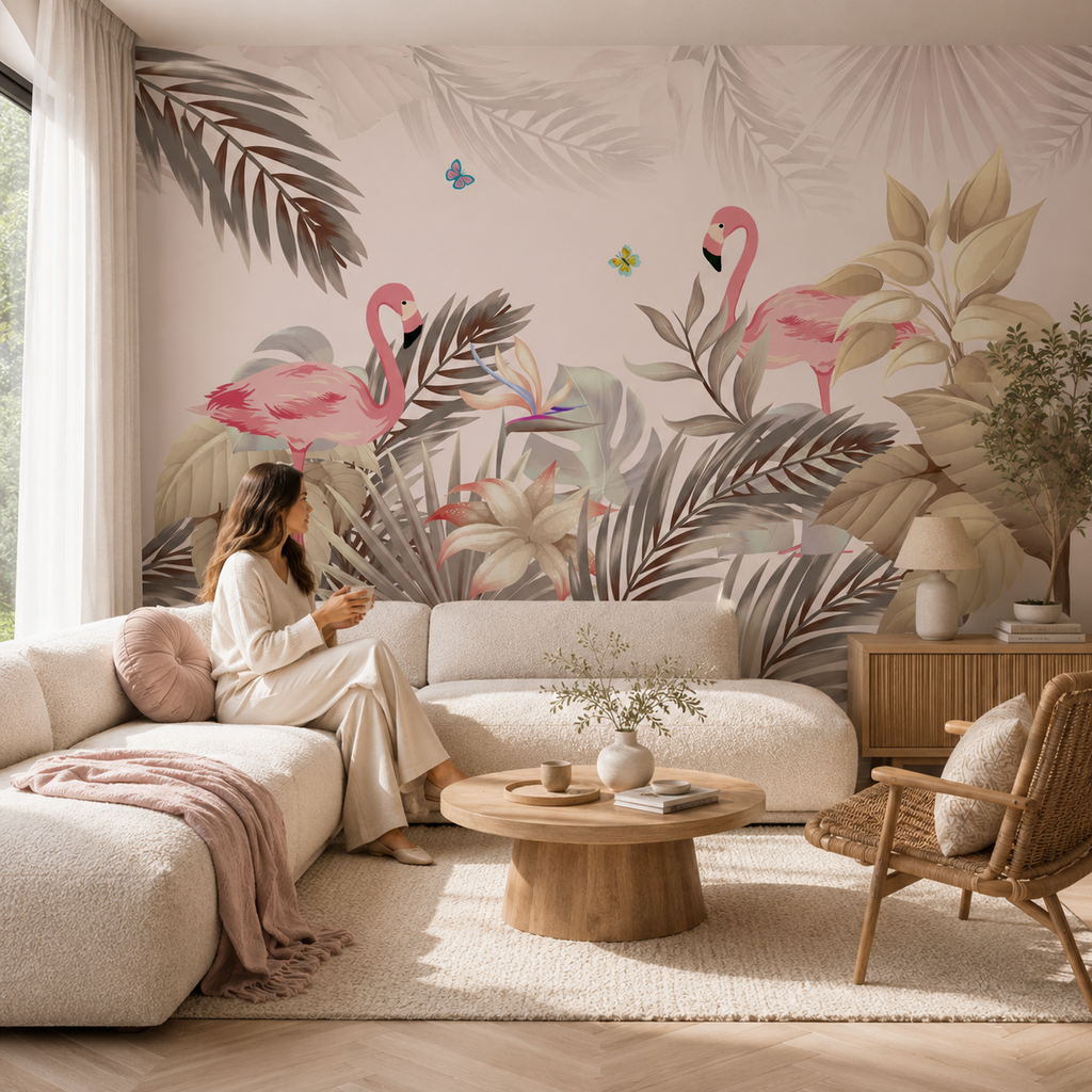 Papier Peint Flamants Roses & Palmes Tropicales