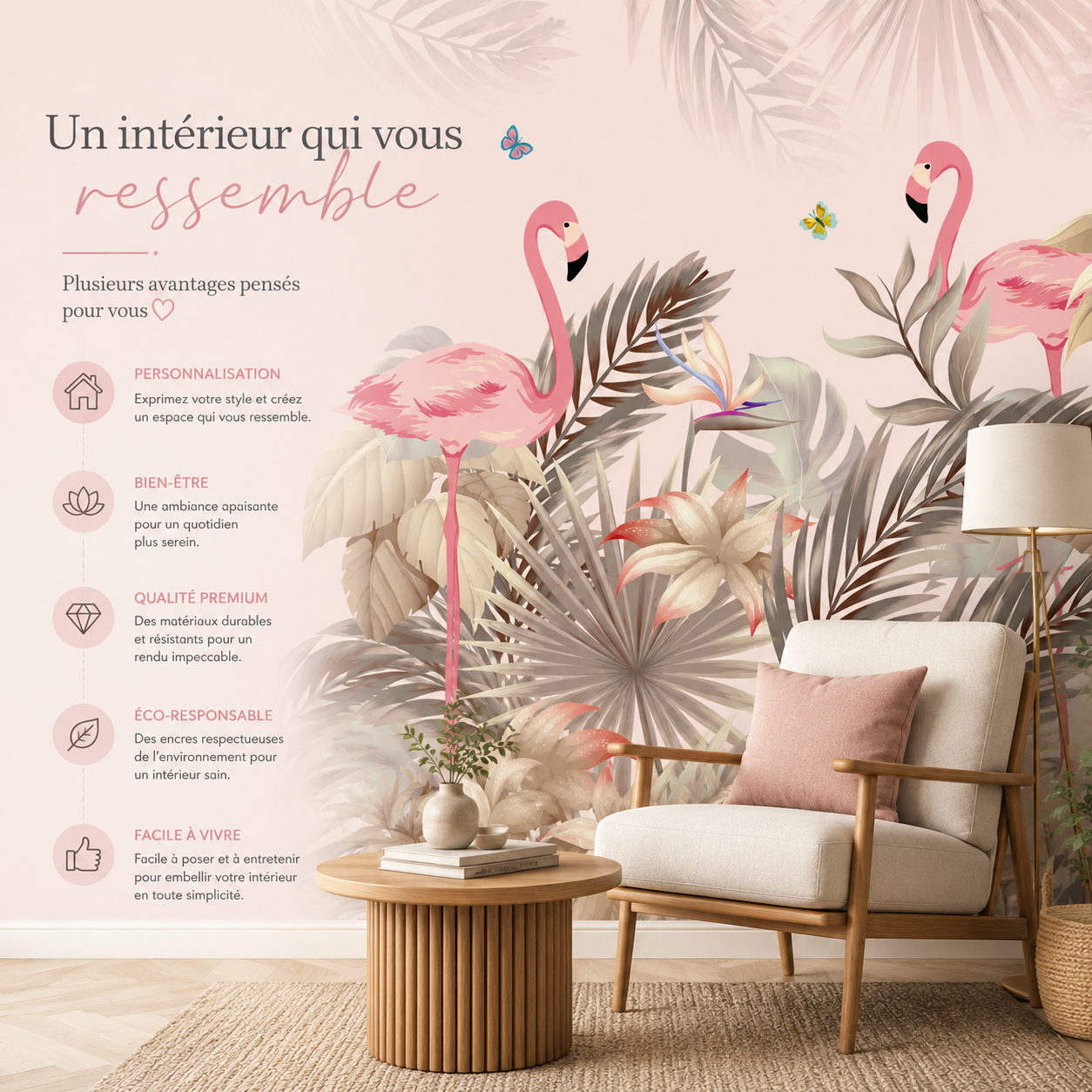 Papier Peint Flamants Roses & Palmes Tropicales