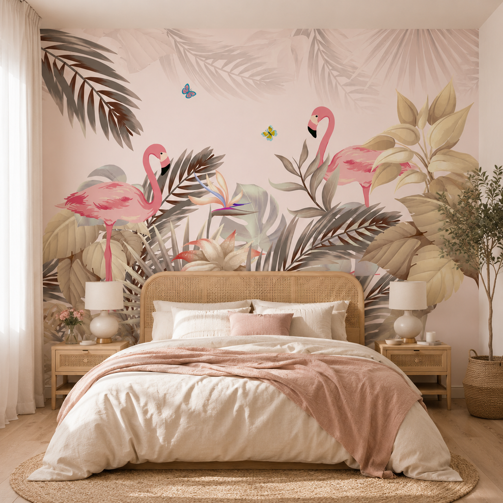 Papier Peint Flamants Roses & Palmes Tropicales