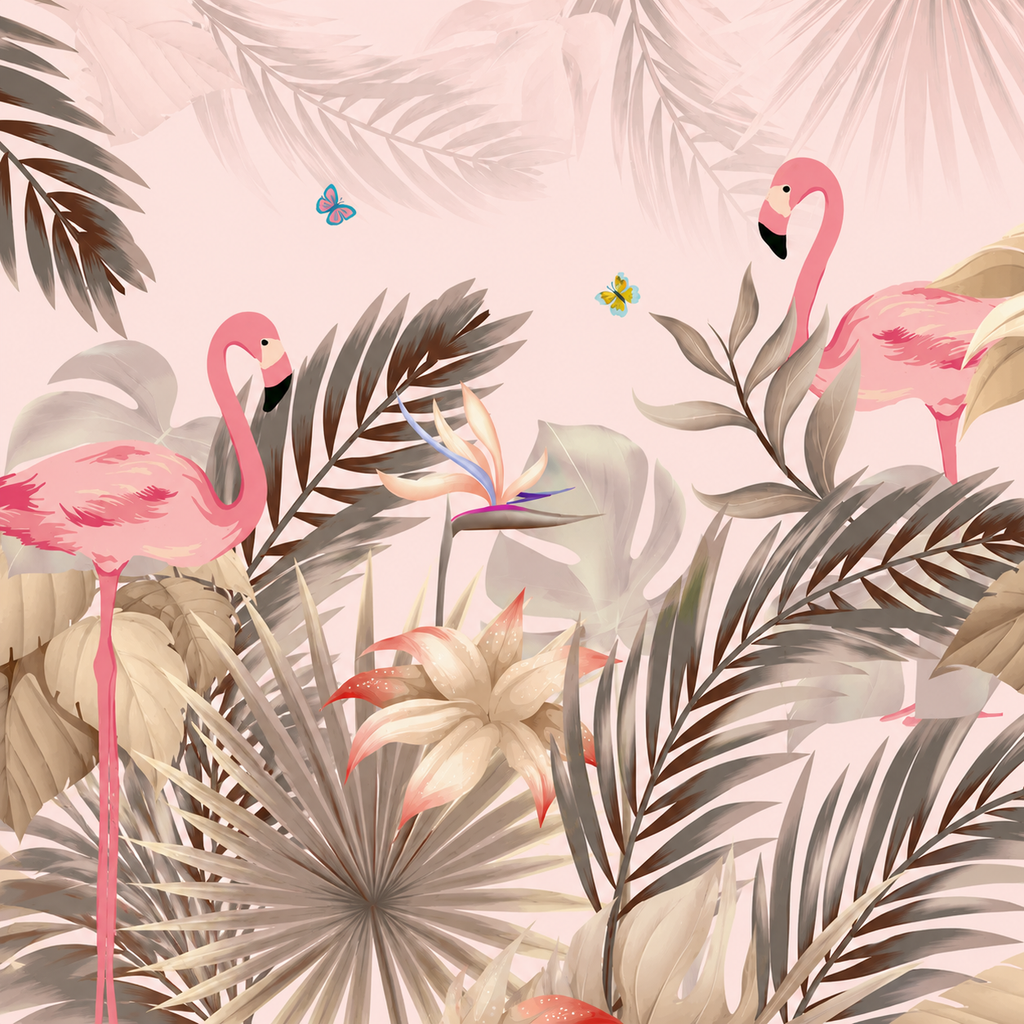 Papier Peint Flamants Roses & Palmes Tropicales