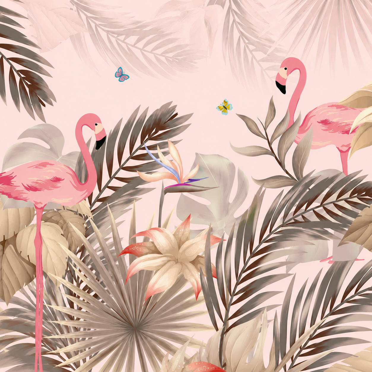 Papier Peint Flamants Roses & Palmes Tropicales