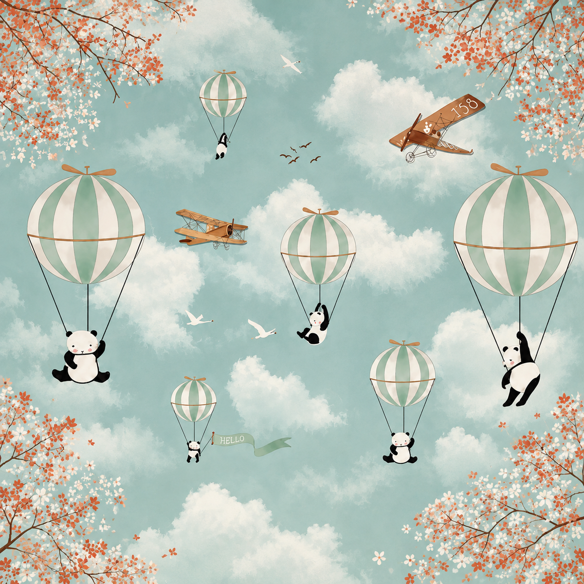Pandas Rêveurs en Montgolfière : décor à plat