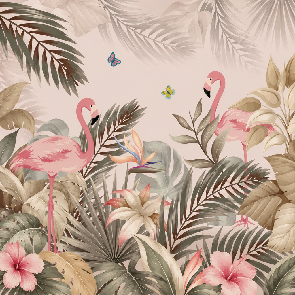 Flamants Roses & Palmes Tropicales : décor à plat