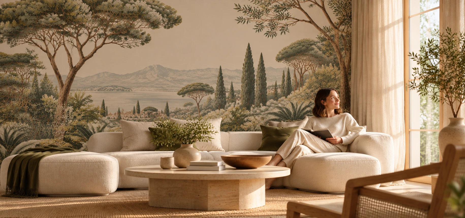Femme lisant dans un salon, devant un décor panoramique de paysage méditerranéen