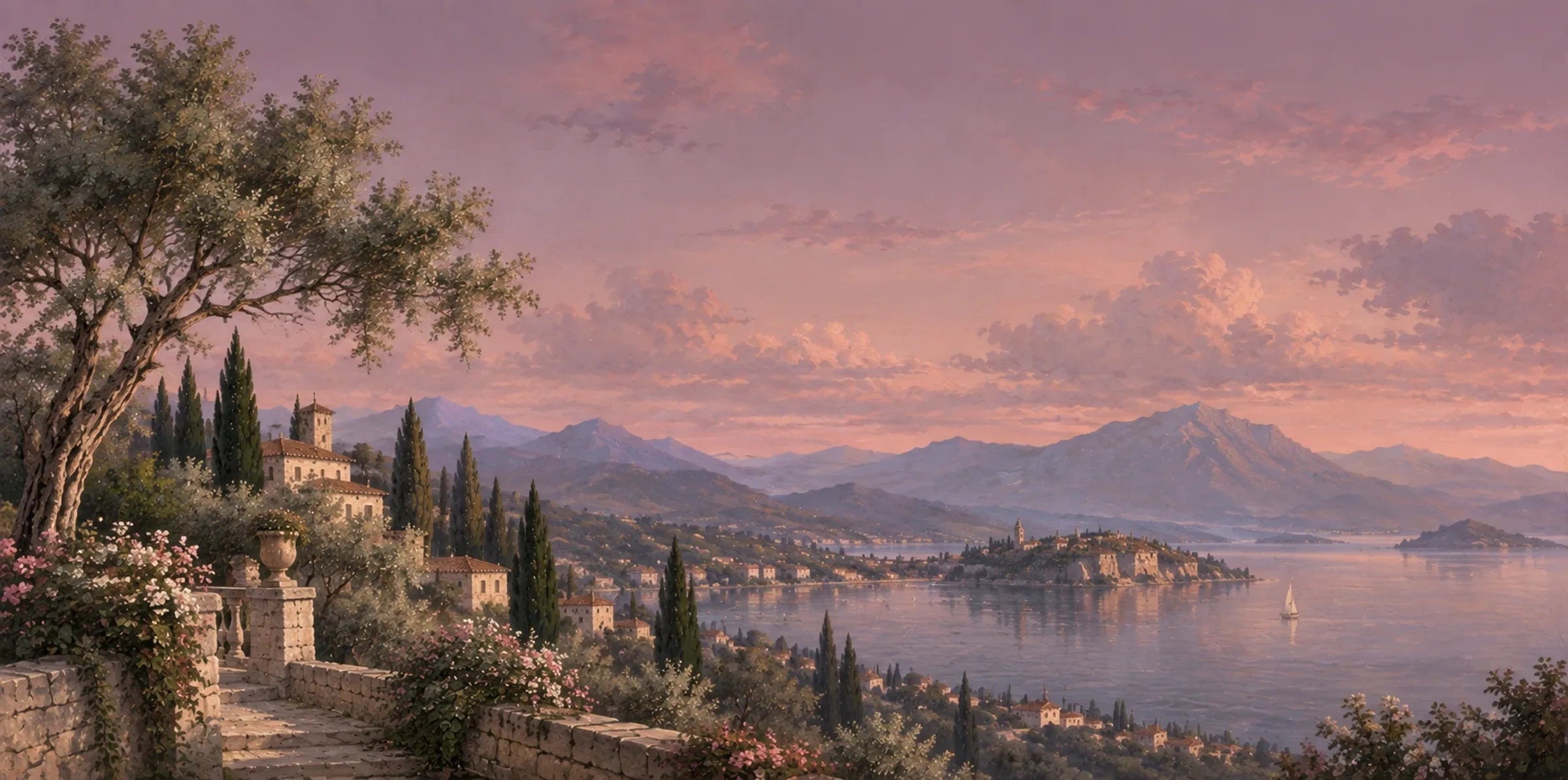 Paysage panoramique gravé : villa, cyprès et baie au soleil couchant